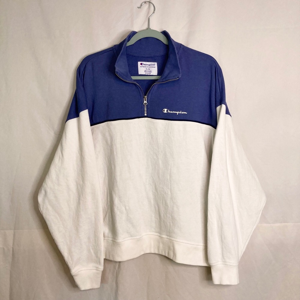 Champion XL Quarter Zip Sweatshirt Blue White Colorblock Pullover Retro Sporty